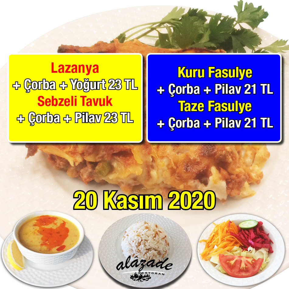 Alazade Restoran 20 Kasım 2020 Günün Menüsü