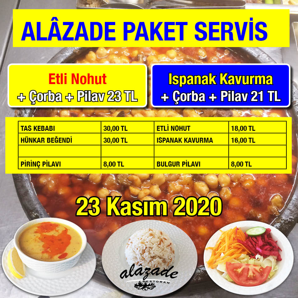 Alazade Restoran 23 Kasım 2020 Günün Menüsü