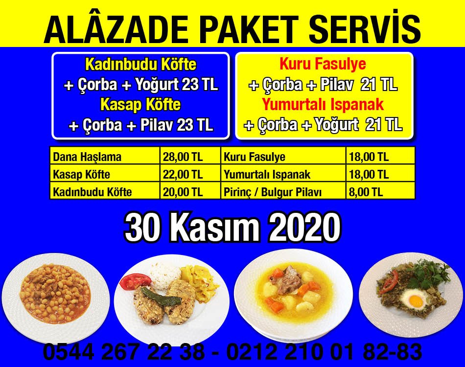 Alazade Restoran 30 Kasım 2020 Günün Menüsü