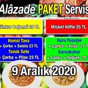 Alazade Restoran 9 Aralık 2020 Günün Menüsü